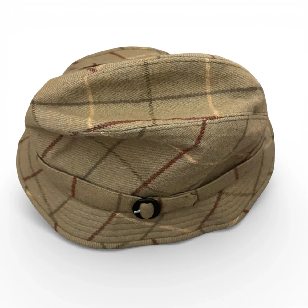 Burberry Vintage Fedora Hat Tan Plaid Windowpane Wool Multicolor Buckle 7 3/8 - Picture 6 of 13